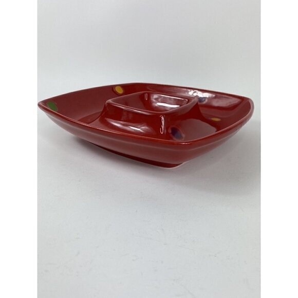 Vietri Chip & Dip pottery Serving Bowl Dinner Party Red With Color Dots - Picture 3 of 12